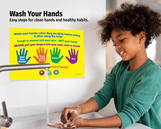 Child washing hands with a educational poster about handwashing in the background.