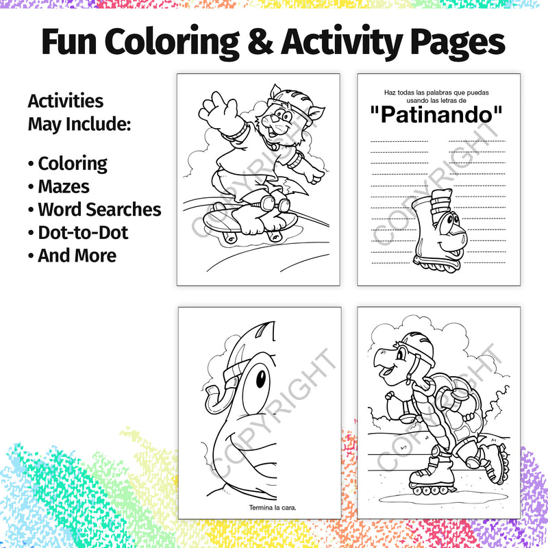 Inside pages of Spanish Fun to Color kids coloring and activity book