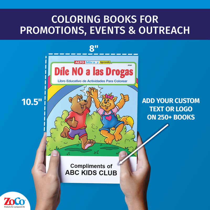 Custom Spanish drug prevention coloring book with imprint