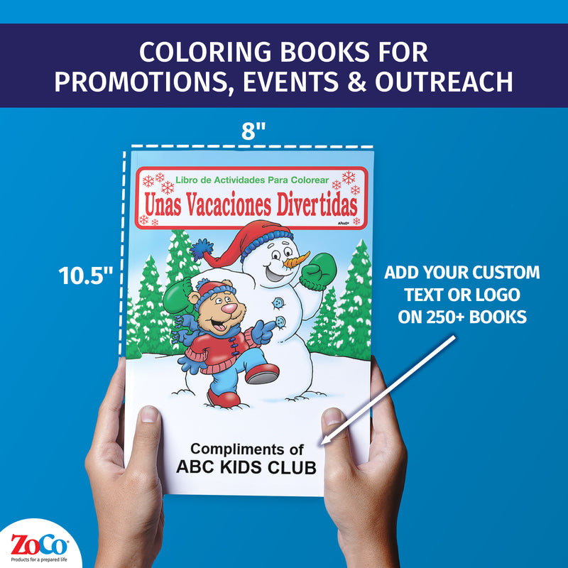 Custom Spanish holiday coloring book with imprint