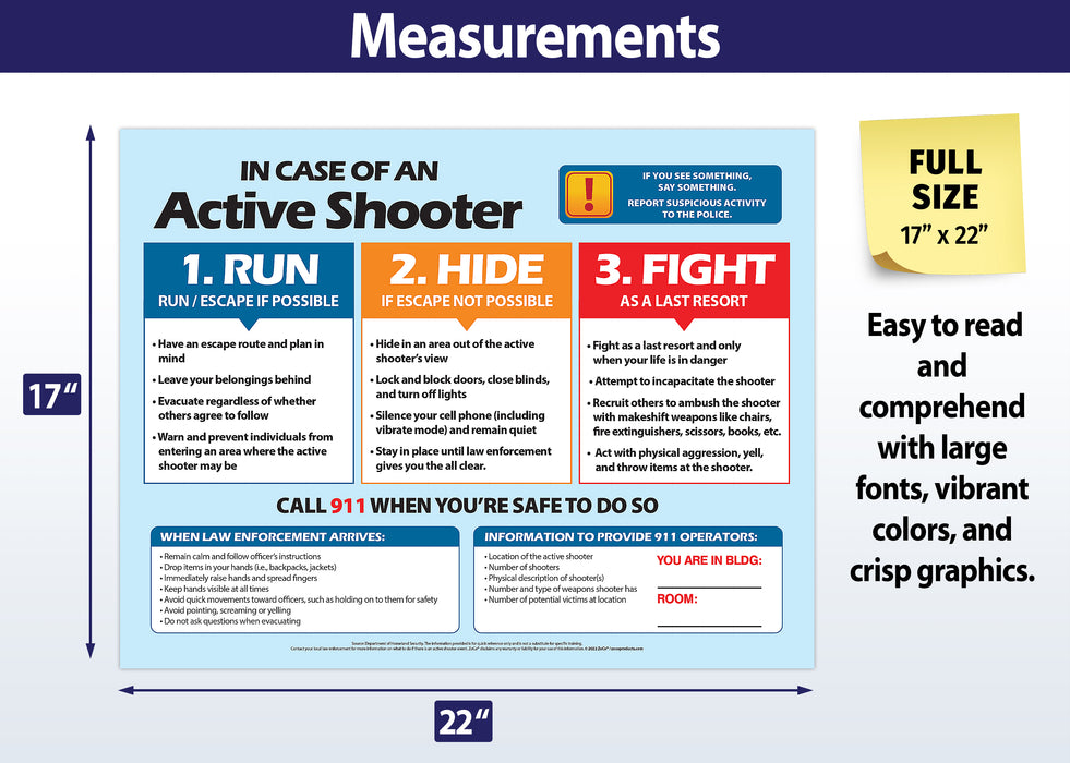 FULL SIZE POSTER - Measures 17 x 22 inches. Easy to read with large fonts and crisp graphics. Has a spot to write in the building and/or room location to provide to rescuers.