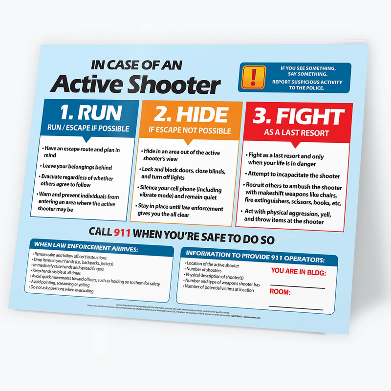 Active Shooter (Run Hide Fight) - Laminated Safety Poster - 17"x22"