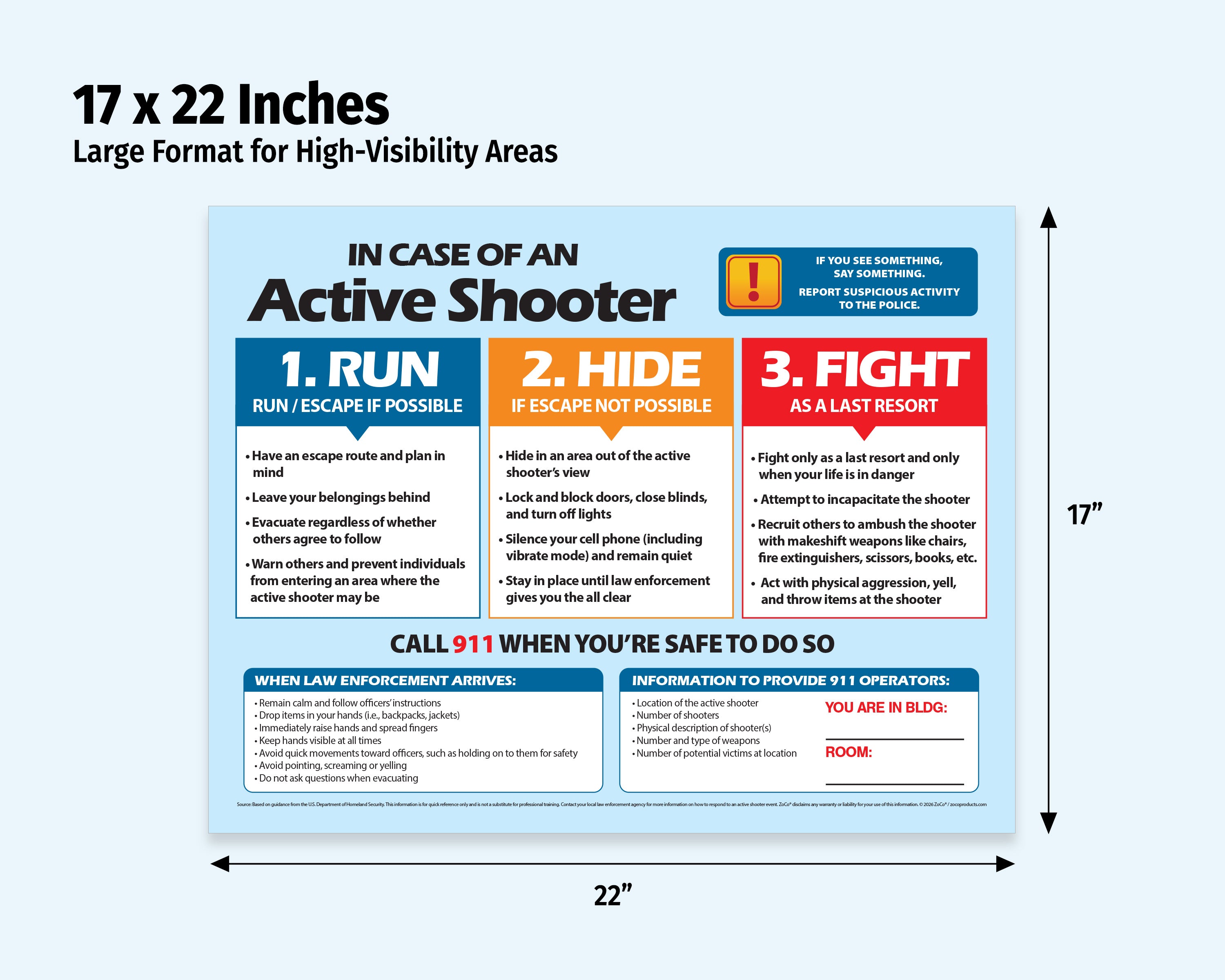 Active Shooter Run Hide Fight Poster — Laminated — ZoCo Products