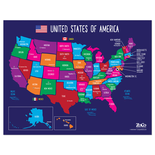 USA Map with State Capitals Educational Classroom Poster - 17"x22" - Laminated