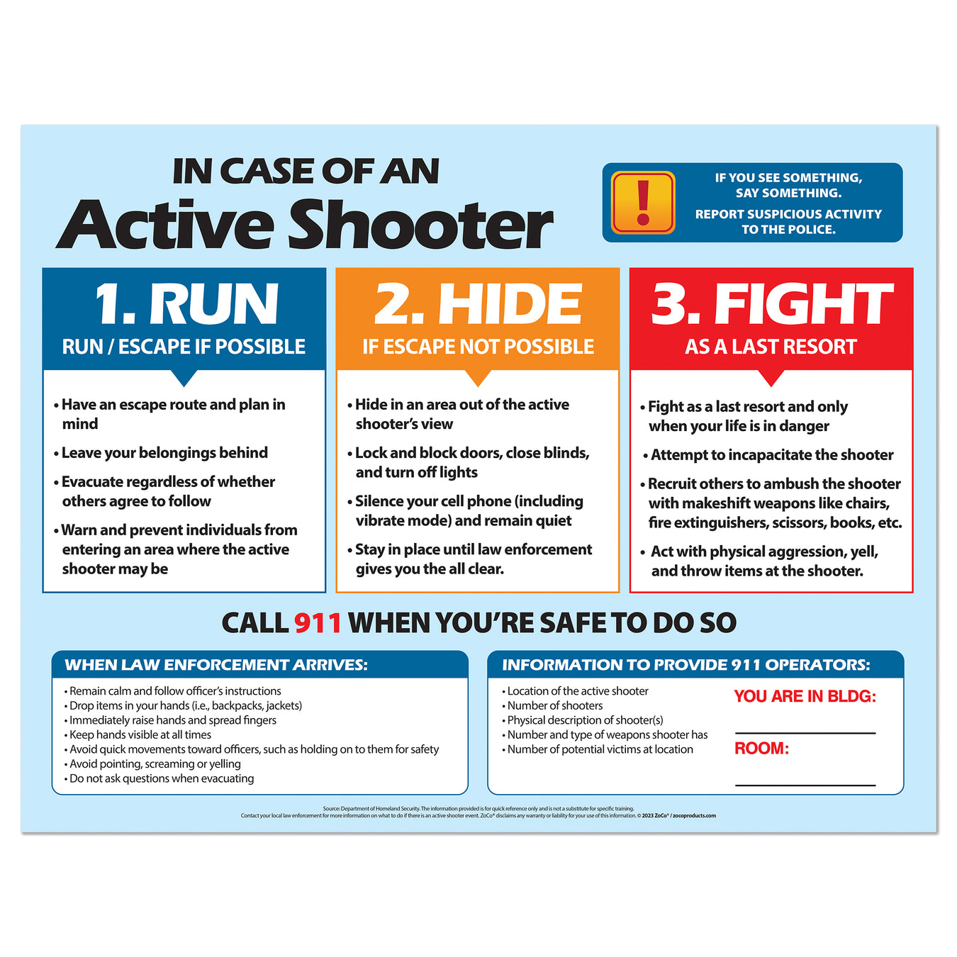 Active Shooter (Run, Hide, Fight) Safety Poster - 17"x22" - Laminated