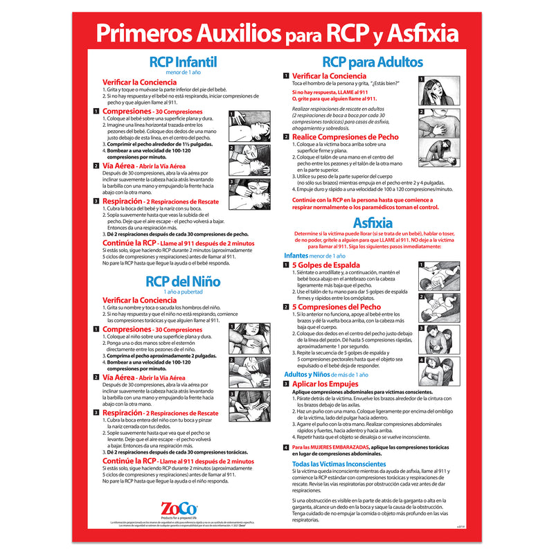 CPR & Choking First Aid Poster in SPANISH - Infant, Child, and Adult - Laminated