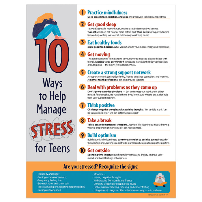10 Ways to Manage Stress for Teens Poster - 17"x22" - Laminated