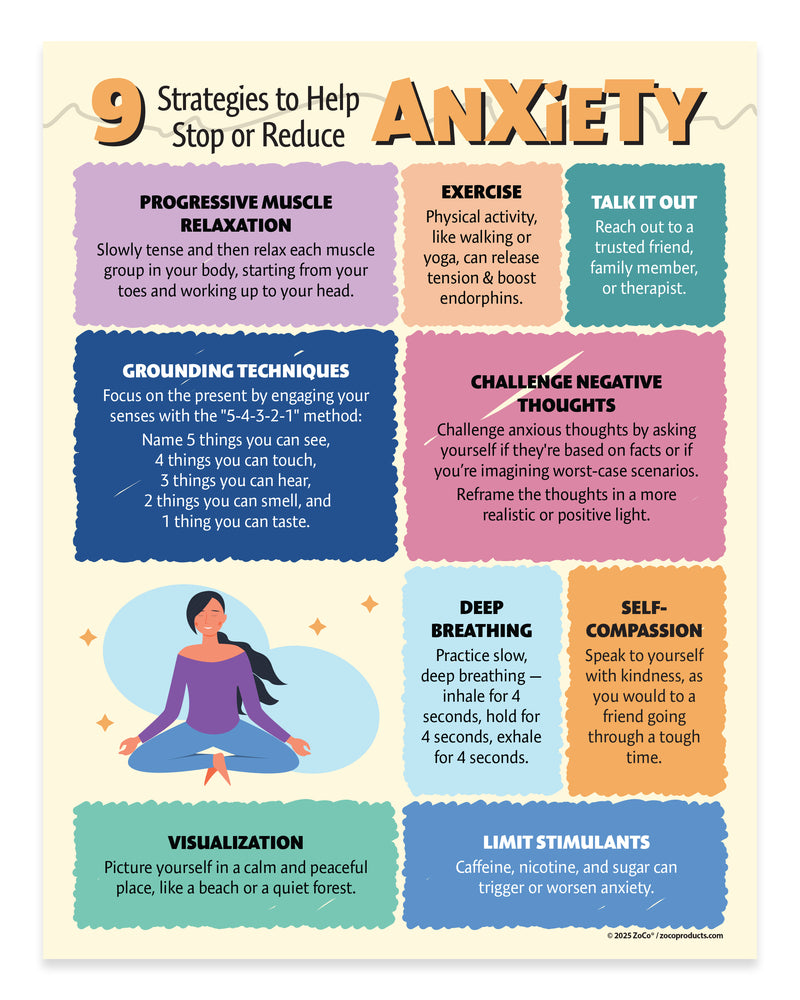 Infographic with 9 strategies to help stop or reduce anxiety