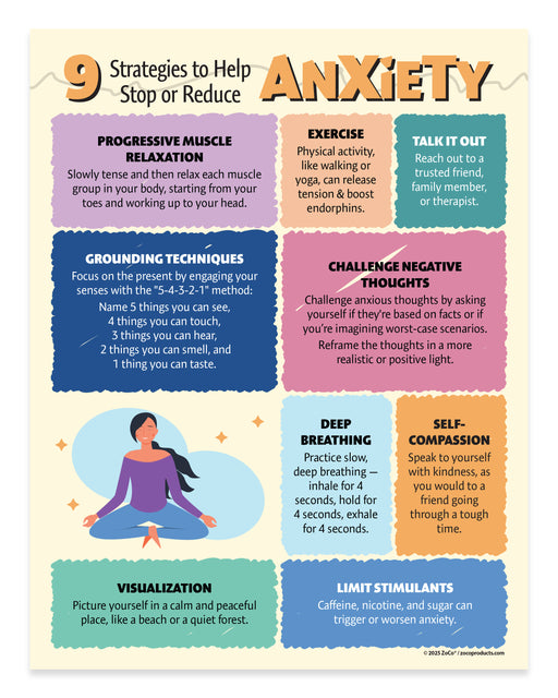 Infographic with 9 strategies to help stop or reduce anxiety