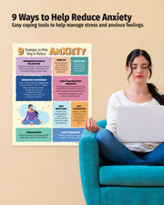 Woman sitting on a blue couch using a laptop with a colorful chart titled '9 Ways to Help Reduce Anxiety' on a beige wall.