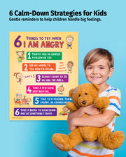 Child holding a teddy bear next to a calm-down strategies poster on a blue background