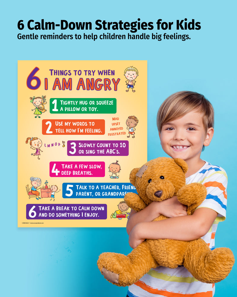 Child holding a teddy bear next to a calm-down strategies poster on a blue background