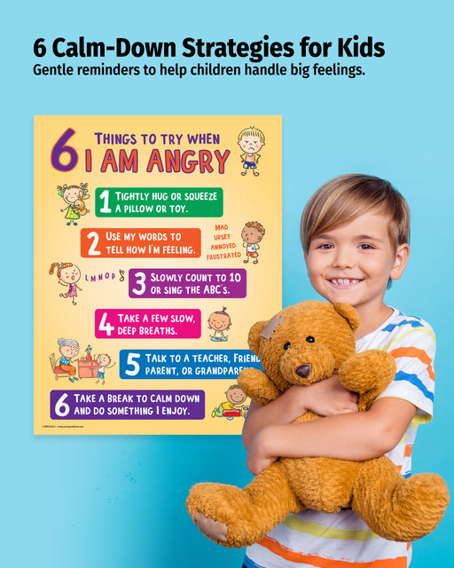 Child holding a teddy bear next to a calm-down strategies poster on a blue background
