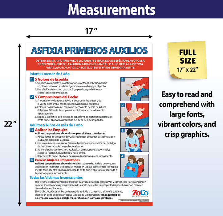 FULL SIZE POSTER - Measures 17 x 22 inches. Large, crisp sans serif fonts and illustrations make this handy choking first aid chart the perfect visual aid.