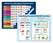 Educational posters on biological classification with animal illustrations.