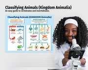 Educational poster on classifying animals with a young scientist holding a microscope.