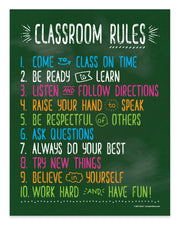 Colorful classroom rules poster on a green background