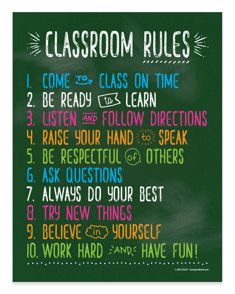Colorful classroom rules poster on a green background