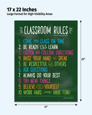 Poster with classroom rules on a green background with dimensions 17 x 22 inches.