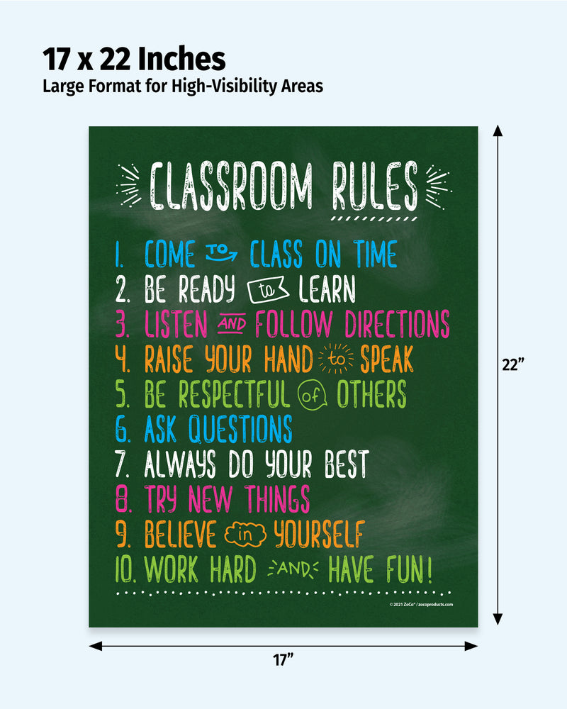 Poster with classroom rules on a green background with dimensions 17 x 22 inches.