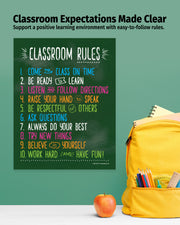 Poster with classroom rules on a green background with a yellow backpack and apple.