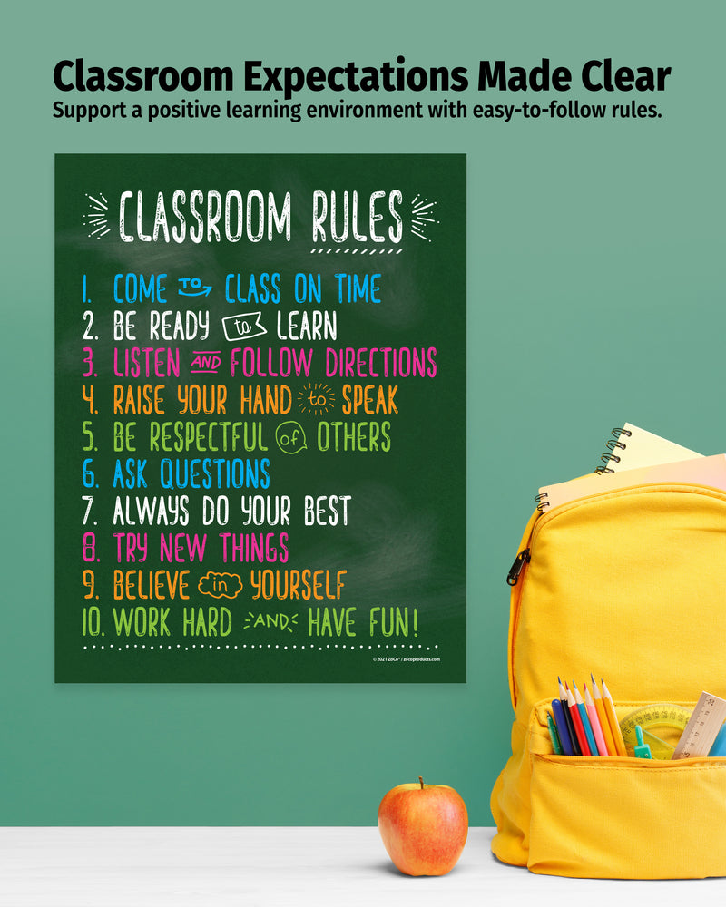 Poster with classroom rules on a green background with a yellow backpack and apple.