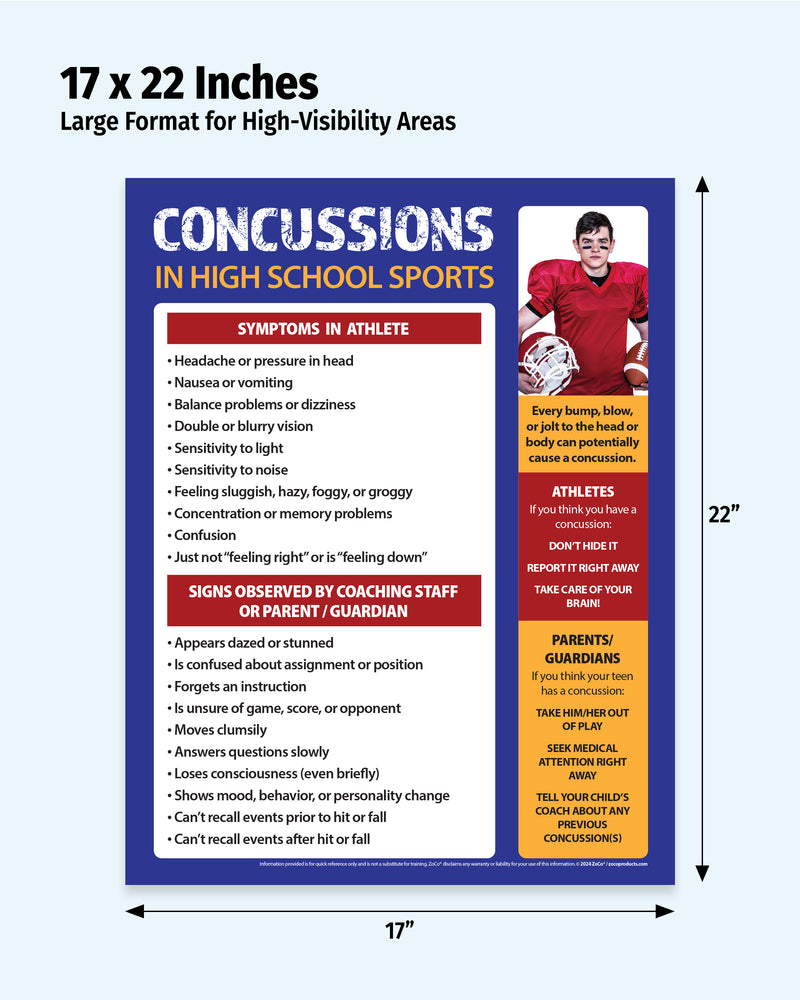 Poster about concussions in high school sports with dimensions 17 x 22 inches.