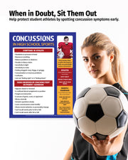 Poster about concussions in high school sports with a girl holding a soccer ball.