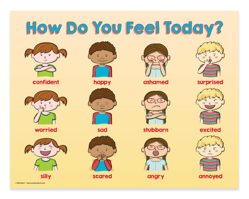 Chart titled 'How Do You Feel Today?' showing various emotions with corresponding facial expressions and labels.