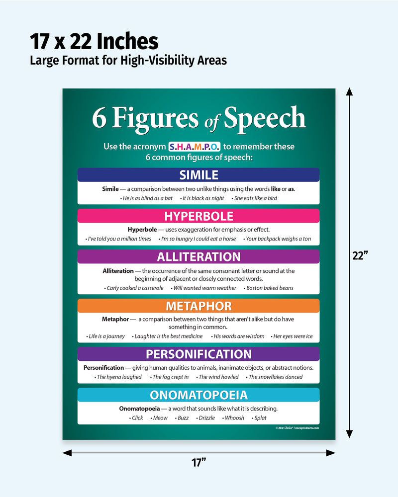 Poster detailing 6 figures of speech with colorful labels and dimensions on a white background