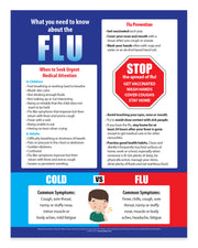 Educational poster about flu and cold symptoms with prevention tips.