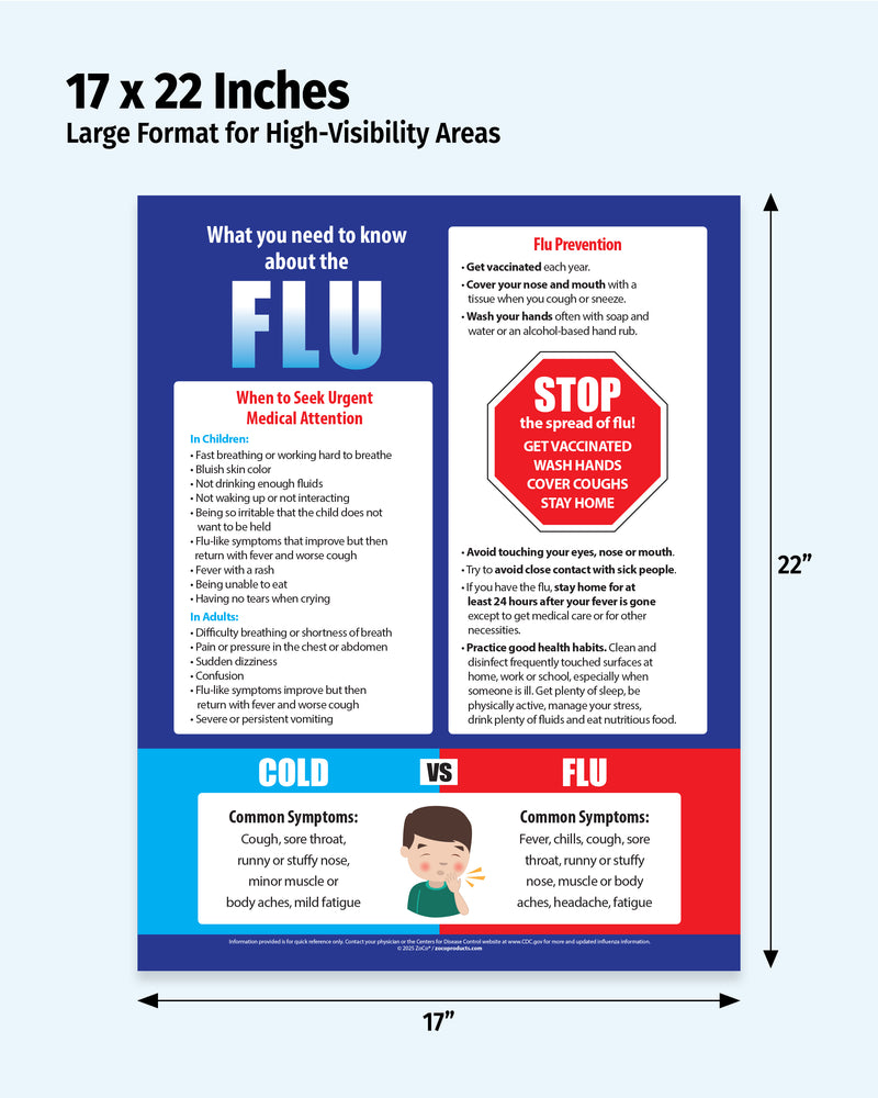 Flu information poster with text and graphics on a blue and red background, with dimensions 17 x 22 inches.