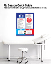 Flu season quick guide poster on a white wall above a medical examination table.