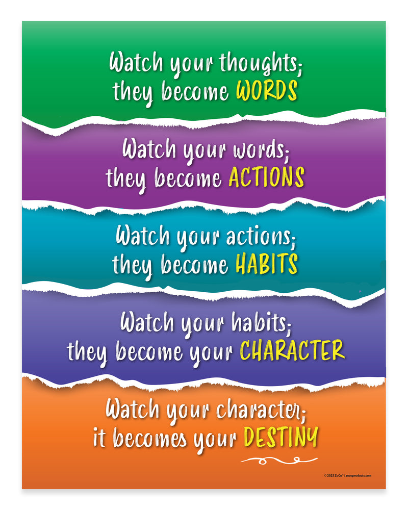 Motivational poster with colorful text on a white background