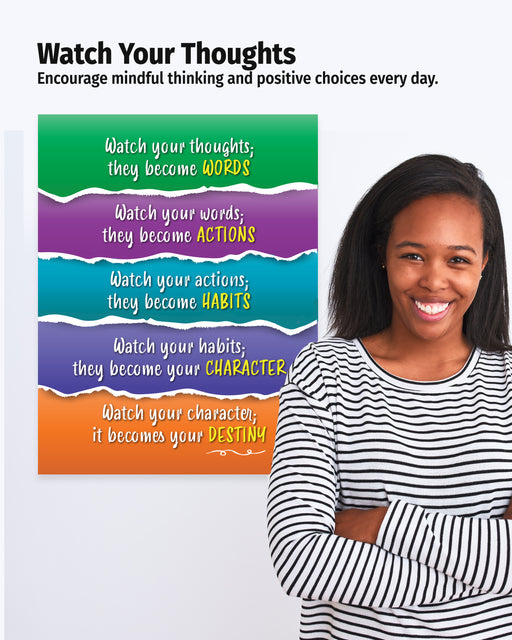 Motivational poster with text and a smiling woman in front