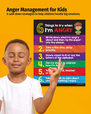 Poster with anger management strategies for kids on a yellow background with a child.