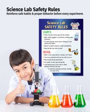 Child with a microscope and safety-themed poster on a white background