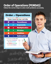 Person holding a book with an Order of Operations chart on a dark background