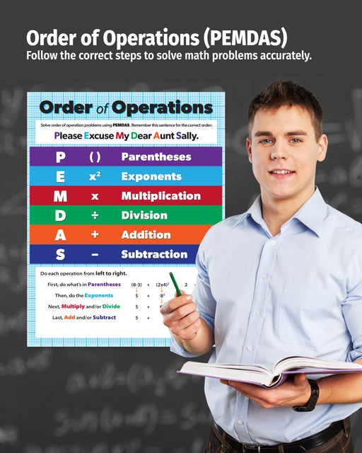 Person holding a book with an Order of Operations chart on a dark background
