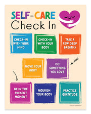 Colorful self-care check-in chart with various prompts on a beige background