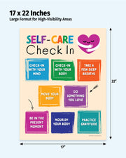 Poster titled 'Self-Care Check In' with colorful boxes and a heart symbol, dimensions 17 x 22 inches.