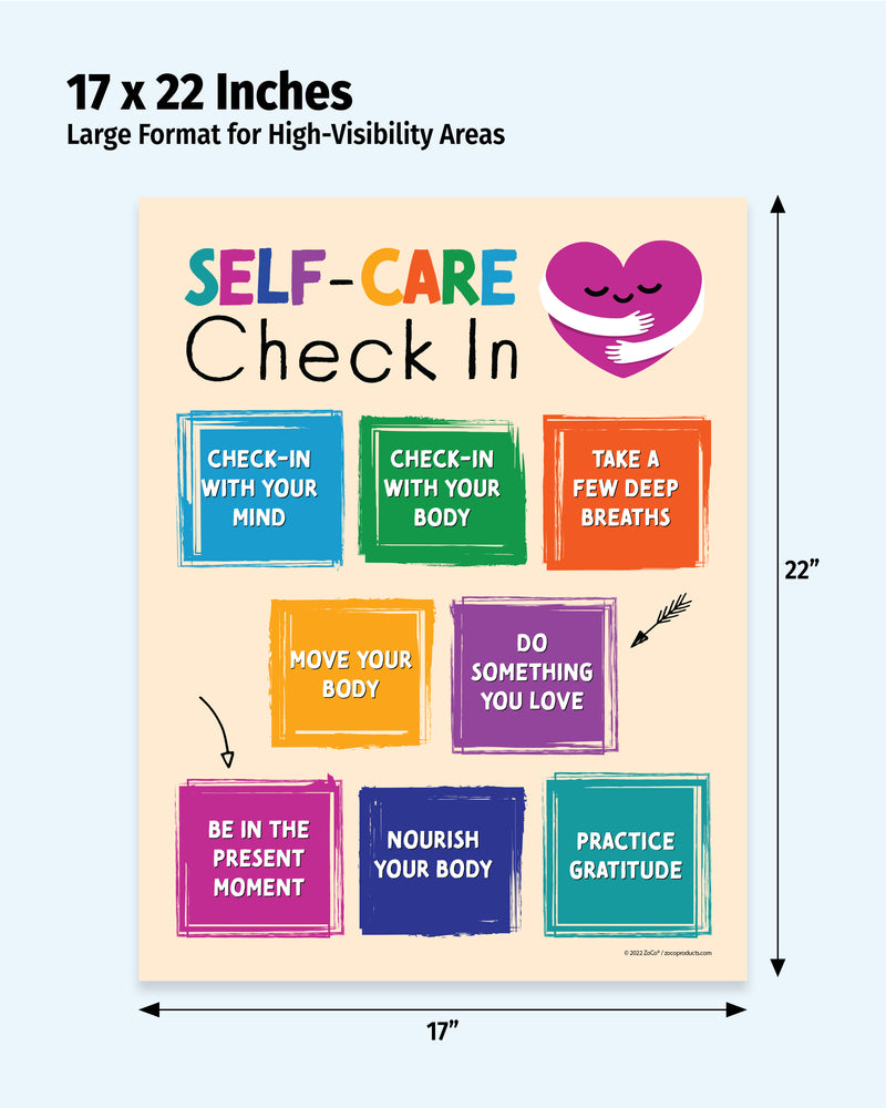 Poster titled 'Self-Care Check In' with colorful boxes and a heart symbol, dimensions 17 x 22 inches.