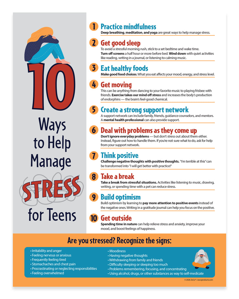 Infographic on 10 ways to help manage stress for teens with a colorful design.