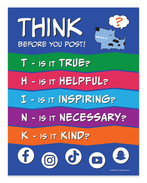 Poster with social media icons and a question prompt for online behavior on a blue background