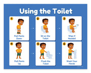 Using the Toilet poster for boys featuring six illustrated bathroom routine steps for toilet training and handwashing.