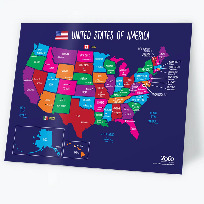 USA Map with State Capitals - Laminated Poster - 17"x22"