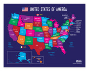 Colorful map of the United States with state names on a blue background