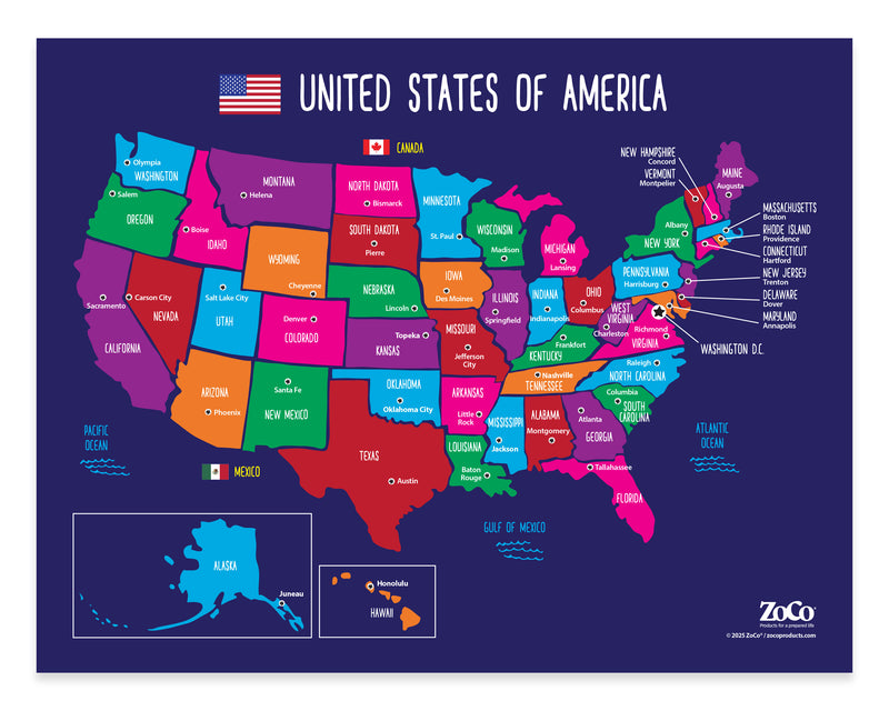 Colorful map of the United States with state names on a blue background
