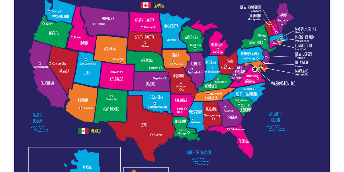 バカとテストと召喚獣 ソフマップ全巻購入特典 B3布ポスター USA Map with State Capitals Poster — Laminated — ZoCo Products