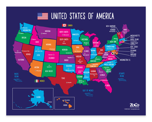 Colorful map of the United States with state names on a blue background